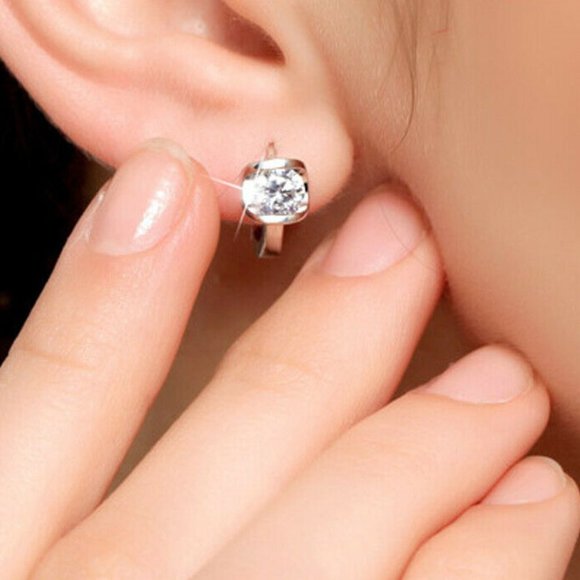 Silver Elegant Diamond Zircon Hoop Huggie Earrings 18mm .84ctw each - Picture 2 of 7